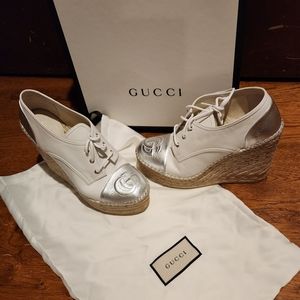 Gucci Pillar Logo Cap Toe Espadrille Platform Wedge - Size 7